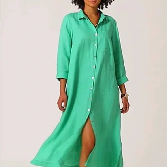 J. Jill | Dresses | Jjill Green Linen Button Down Dress Sz M | Poshmark